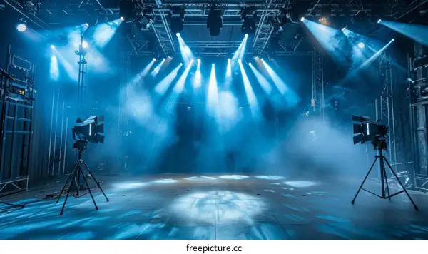 Empty stage with blue lights and spotlights