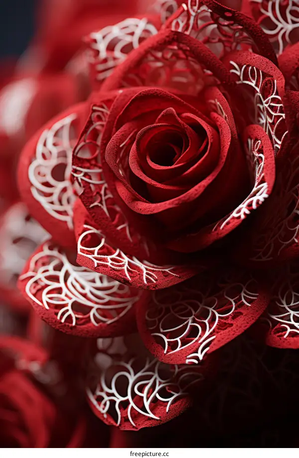 Red rose with intricate white lace-like petals