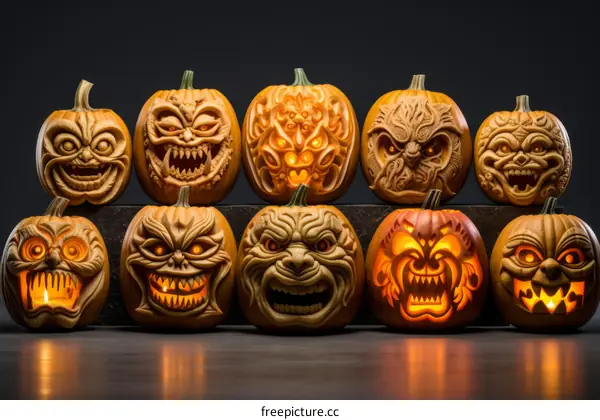Intricate Pumpkin Carvings with Spooky Faces