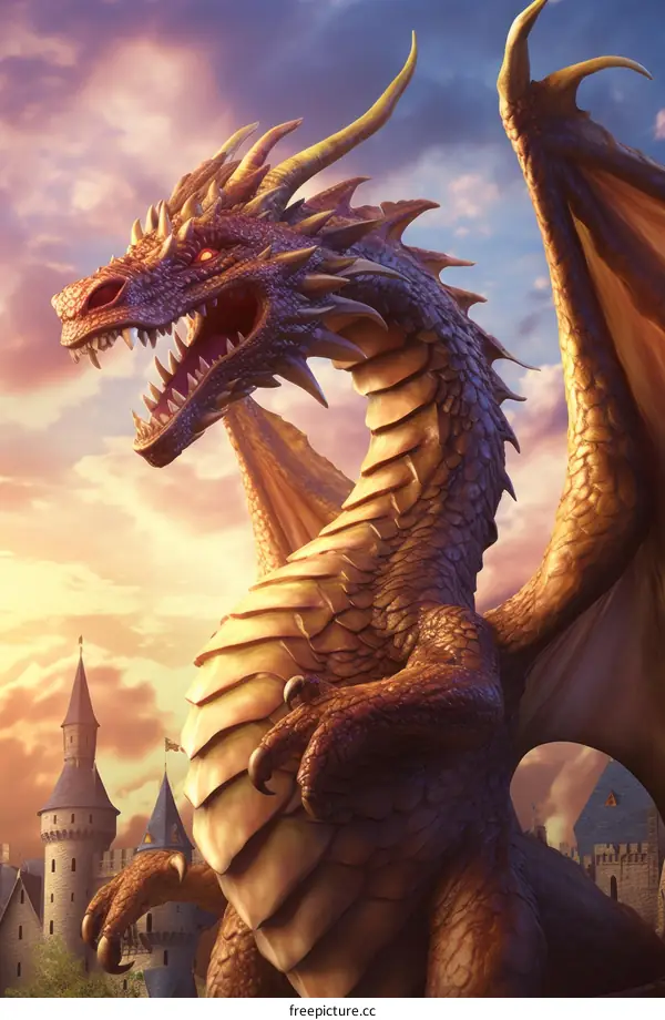 A colossal golden dragon with fiery red eyes and majestic wings guards a formidable castle.