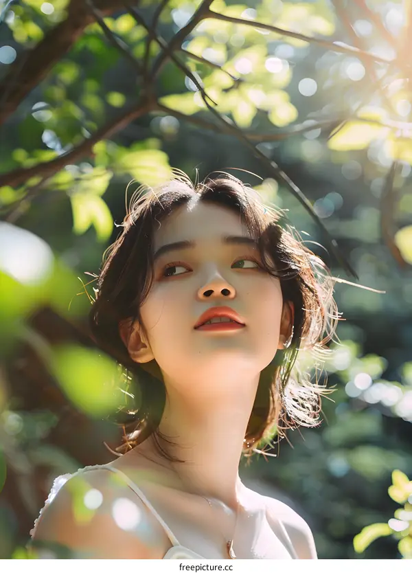 Beautiful Asian Woman with Short Hair Looking Up in Nature