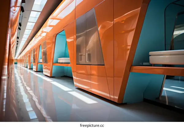 Orange and blue futuristic interior with private sleeping pods