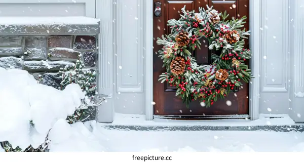 Snowy Winter Christmas Wreath on Front Door