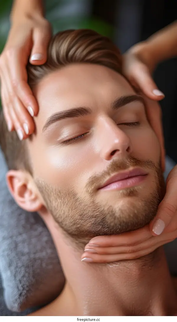 Man getting a facial massage with his eyes closed