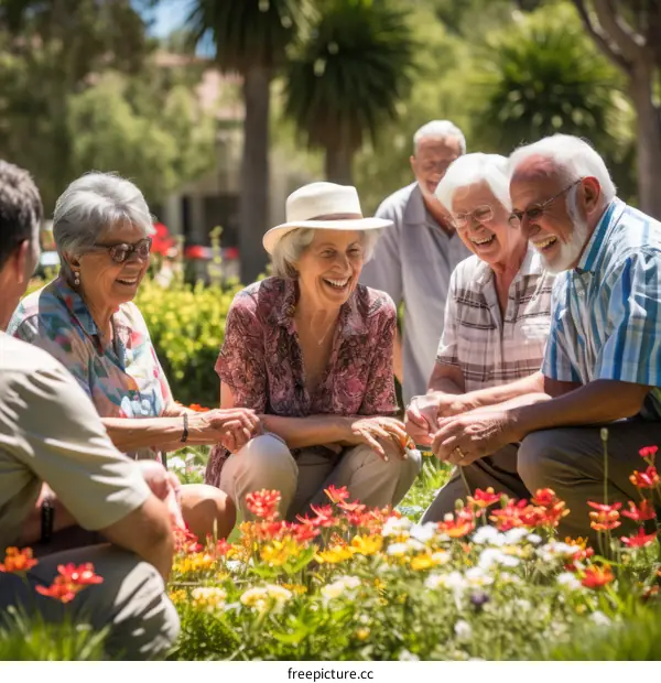 A group of seniors are gardening together and laughing