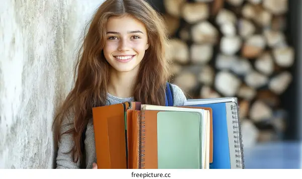 Smiling Teenager Carrying Books Outdoors