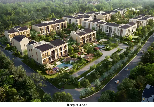 Aerial View of a Modern Residential Community with Lush Greenery and a Swimming Pool
