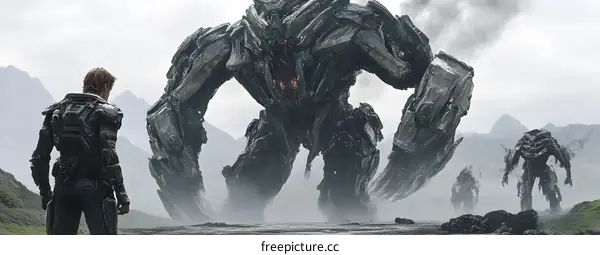 The Man in the Armored Suit Stands Before The Giant Monster
