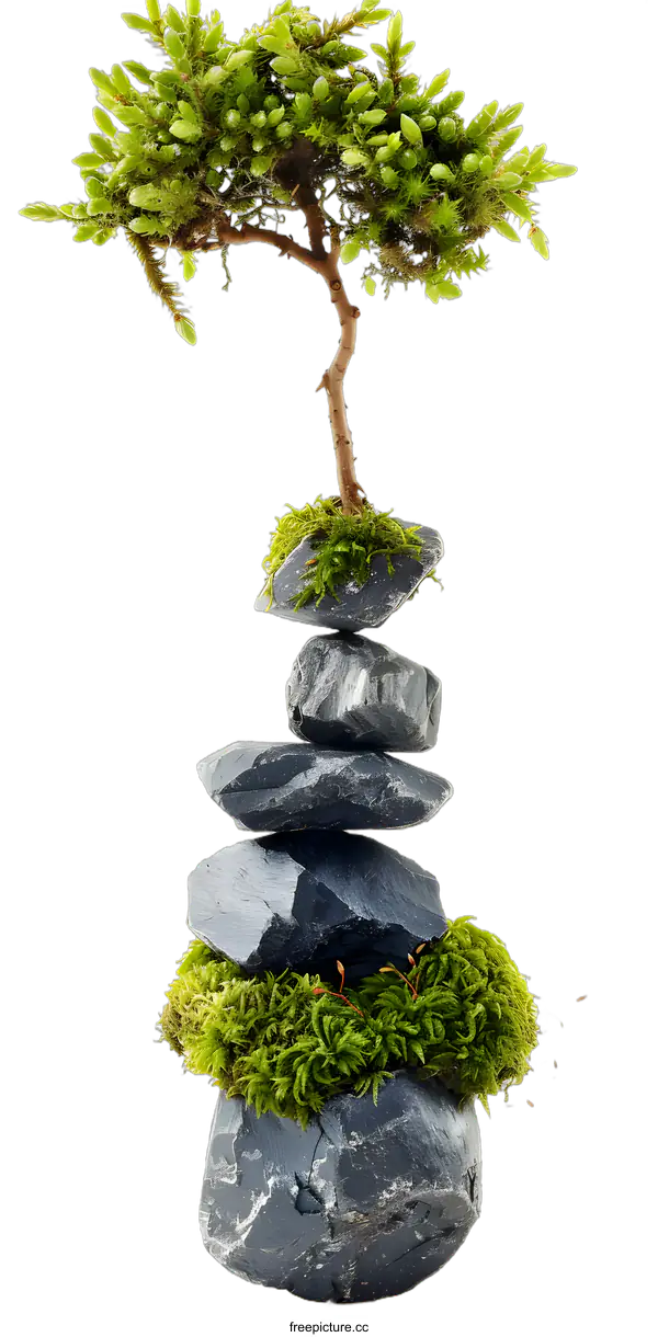 [Transparent Background PNG]Small Green Tree on Stacked Rocks Isolated on White Background