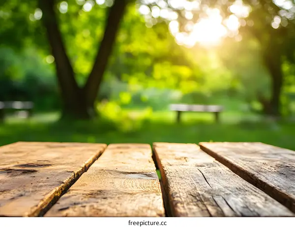 Wooden Tabletop With Blurred Green Forest Background