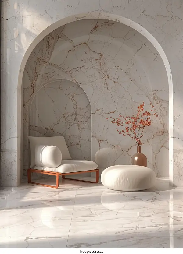 Modern Marble Interior Design with Archway and Seating Area