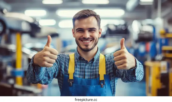 Happy Mechanic Giving Thumbs Up in Garage
