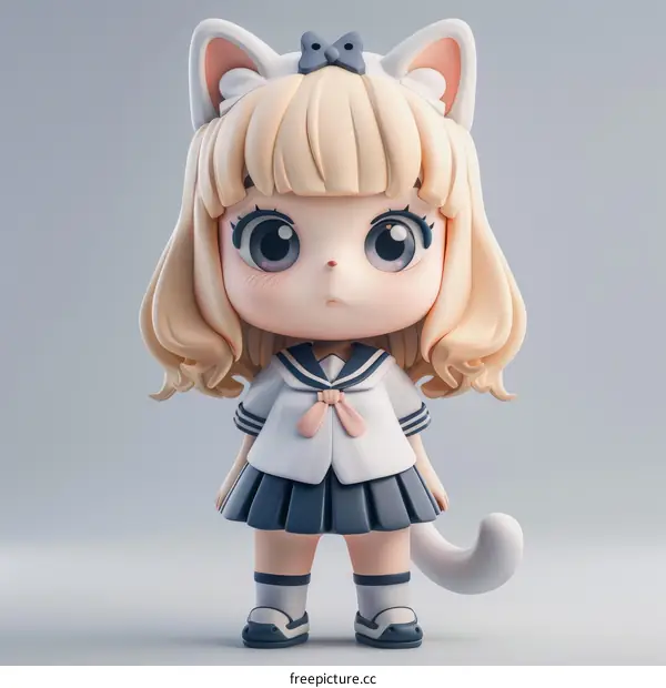 3D illustration of a cute anime girl with cat ears and a sailor服