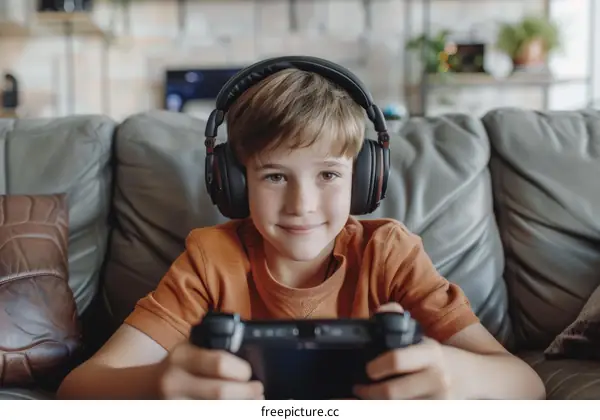 Smiling boy with headphones playing video games