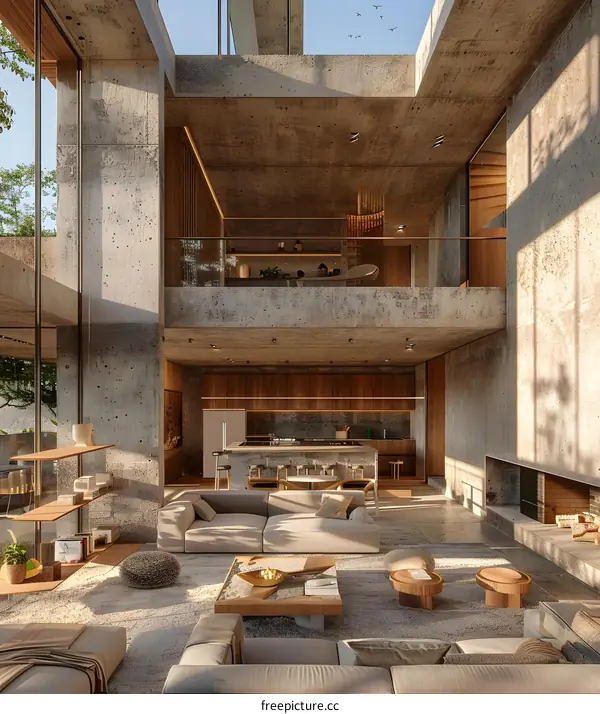Modern house interior with concrete walls and large glass windows