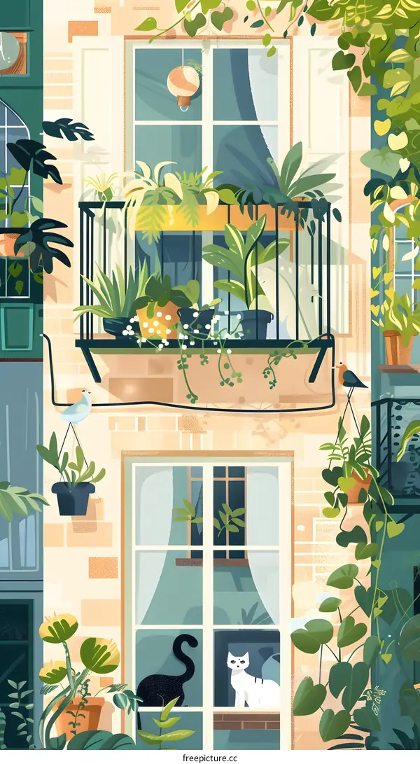 Illustration of a Window with a Cat and a Balcony with Plants