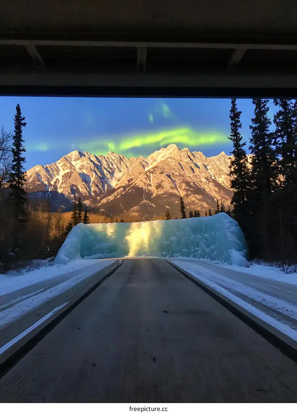 Ice Wall In Front Of Mountains And Aurora Borealis