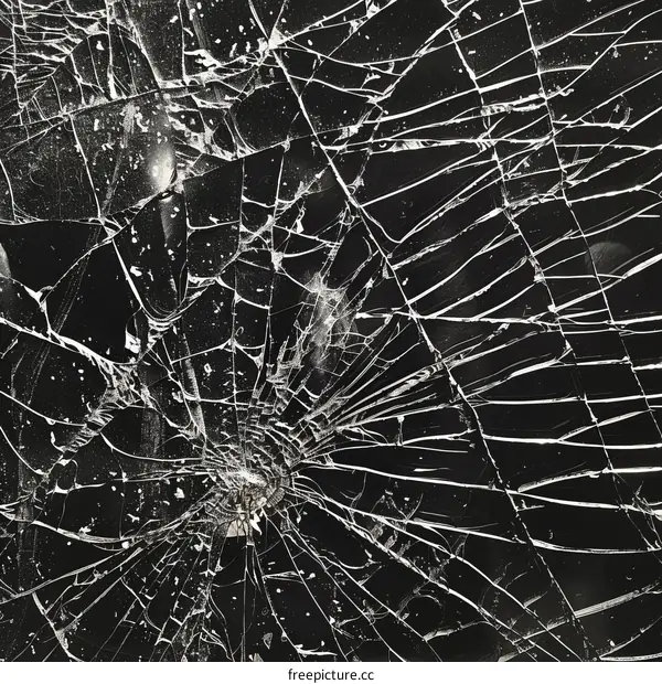 Black and white broken glass texture with centered concentrated shattered impact zone