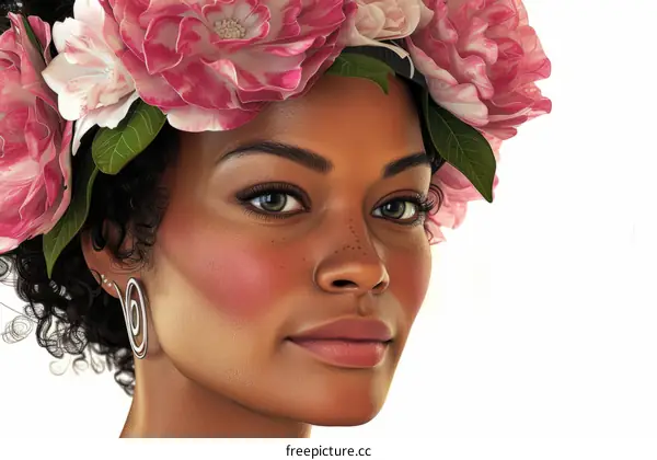 Portrait of a young African woman with pink flowers in her hair