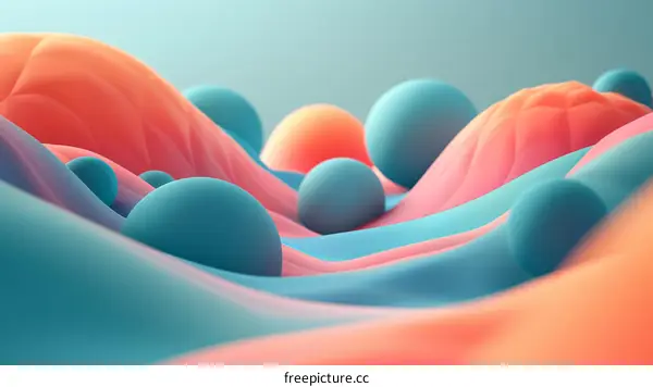 3D Rendering of Colorful Landscape in Pink and Blue with Hills and Spheres