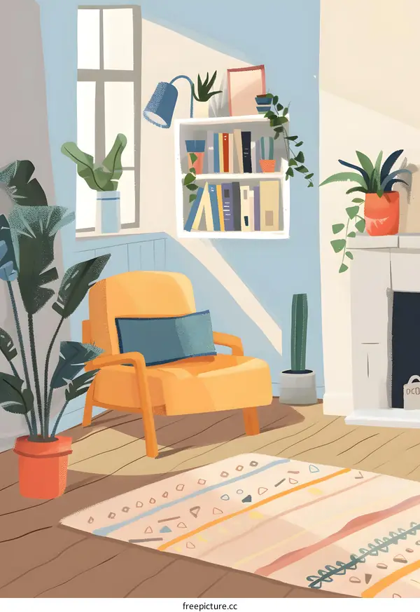 Cozy Living Room Interior With Yellow Armchair, Bookshelf and Plants