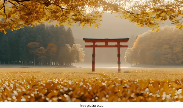 A torii gate in a field of yellow flowers with autumn trees in the background