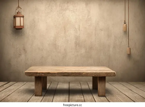 Empty Wooden Table Against a Rustic Wall with Hanging Lamps