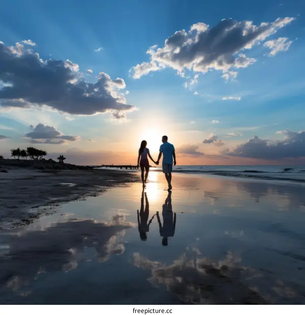 Couple walking on the beach at sunset