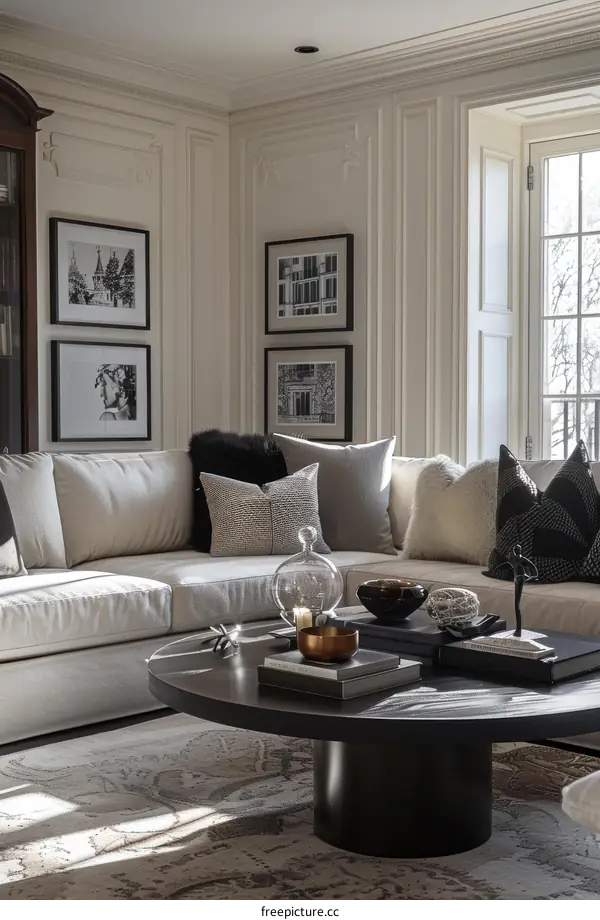 Bright living room with white walls and dark furniture