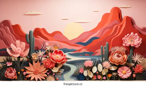 Vibrant Paper Flower Landscape with River and Mountains