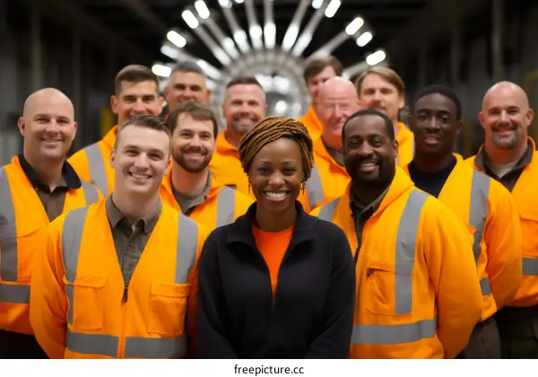 Group of workers wearing orange vests and smiling at the camera