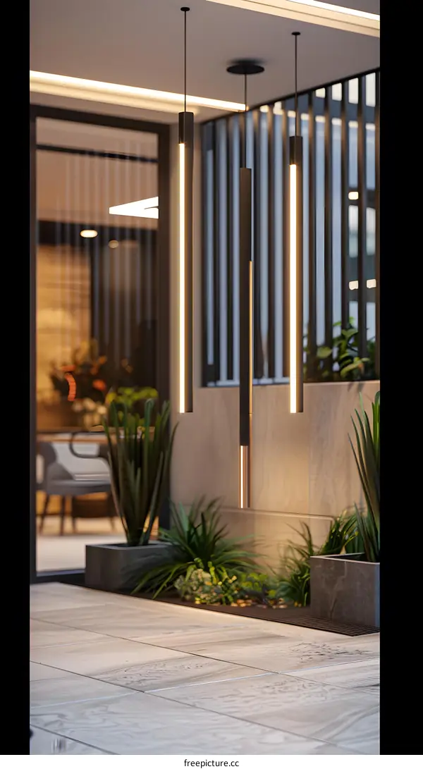 Modern Interior Design with Hanging Lights and Plants