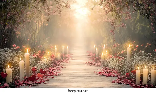 Romantic Garden Pathway with Candles and Flowers