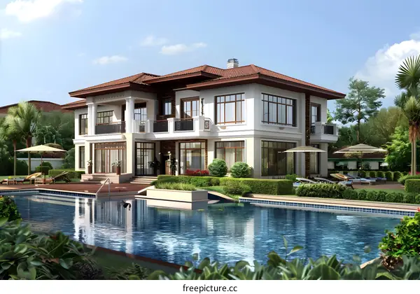 Modern Villa With Swimming Pool And Lush Greenery