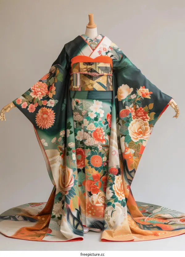 A woman wearing a kimono with a floral pattern