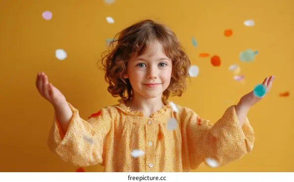 Cheerful Girl Throwing Confetti in Yellow Studio