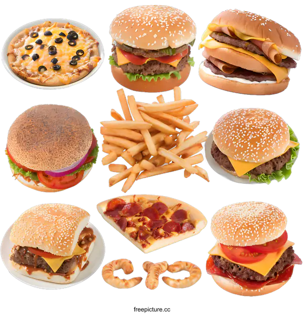 [Transparent Background PNG]Fast Food Combo with Burgers, Pizza and French Fries