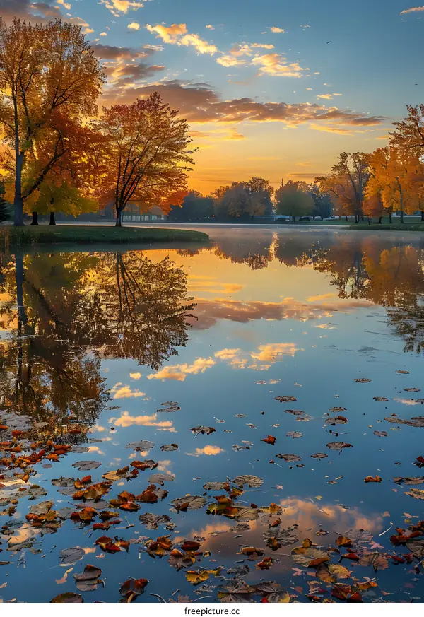 Fall Leaves Reflected in Calm Lake Water at Sunset