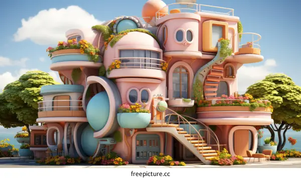 Whimsical and Colorful 3D Rendering of a Futuristic House with Multiple Levels and Spiral Staircase