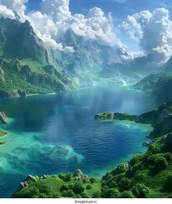 Fantasy landscape with floating islands and blue lake