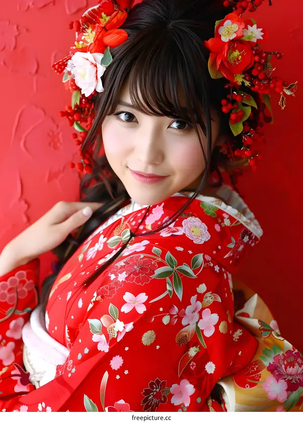 Young Japanese Woman in Red Kimono with Floral Headpiece