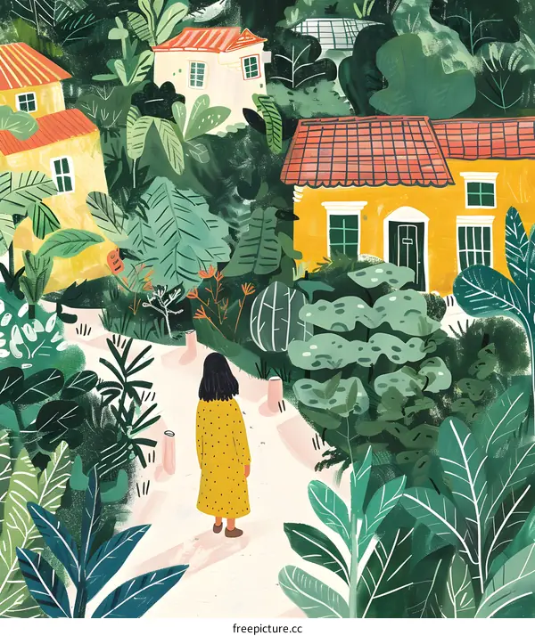 Woman Walking Through a Lush Green Forest With Yellow Houses