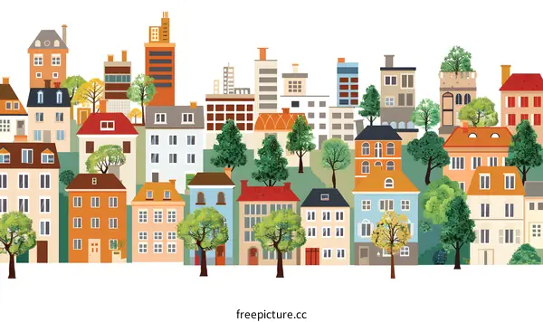 Colorful Cityscape Illustration with Houses and Trees