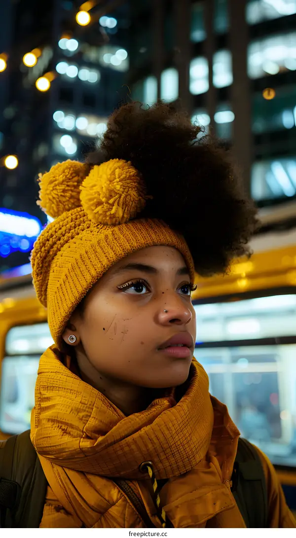 Woman in Yellow Knit Hat and Jacket Looking Away