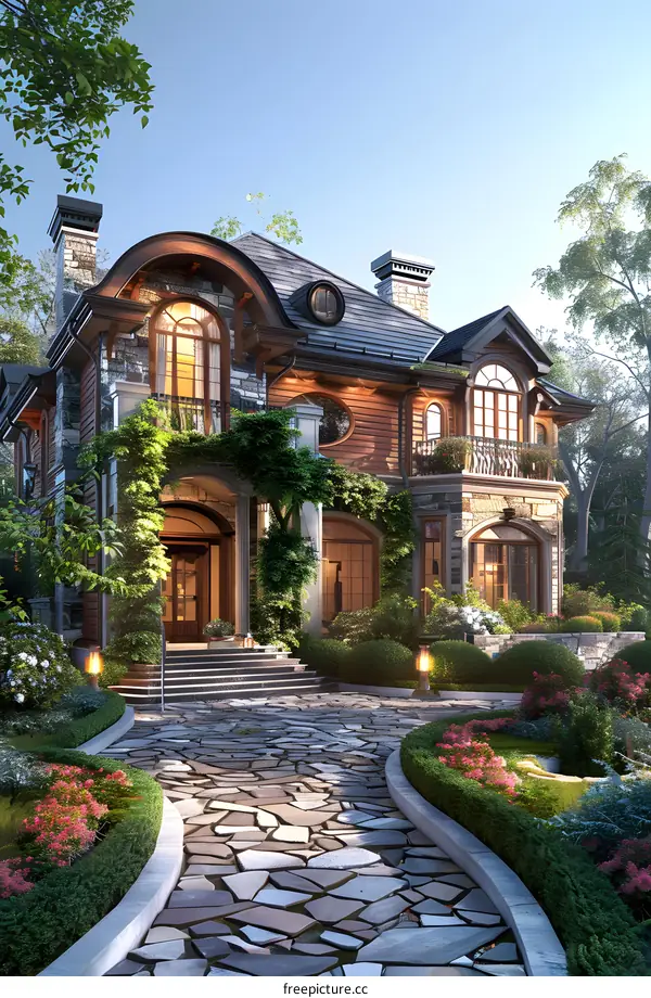 European-style house surrounded by trees and flowers