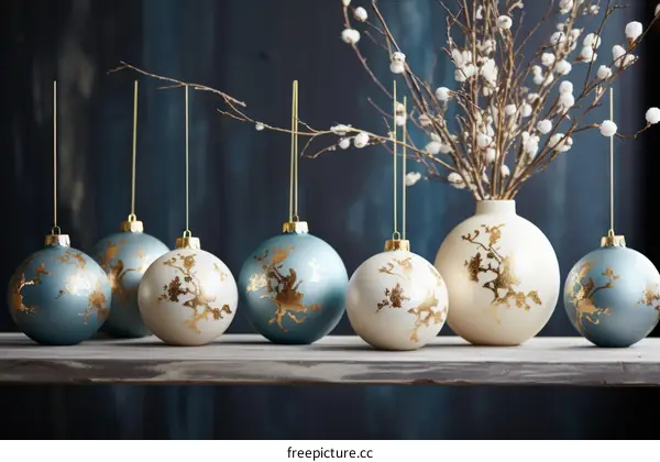 Blue and White Christmas Ornaments with Gold Accents