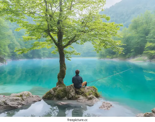 Man Fishing on the Lake with Mountains in the Background