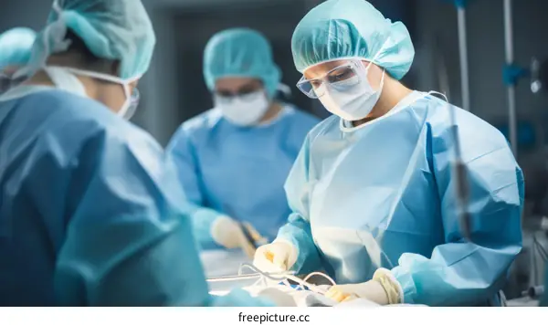 Surgeons performing an operation in a hospital operating room