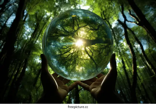 A person holding a crystal ball with a forest inside it