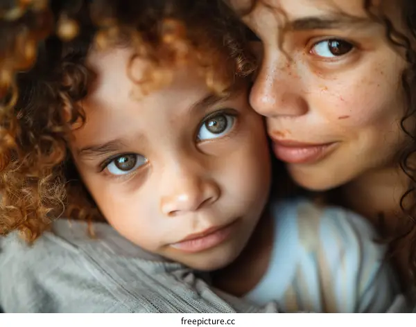 A close-up portrait of a mother and her son.
